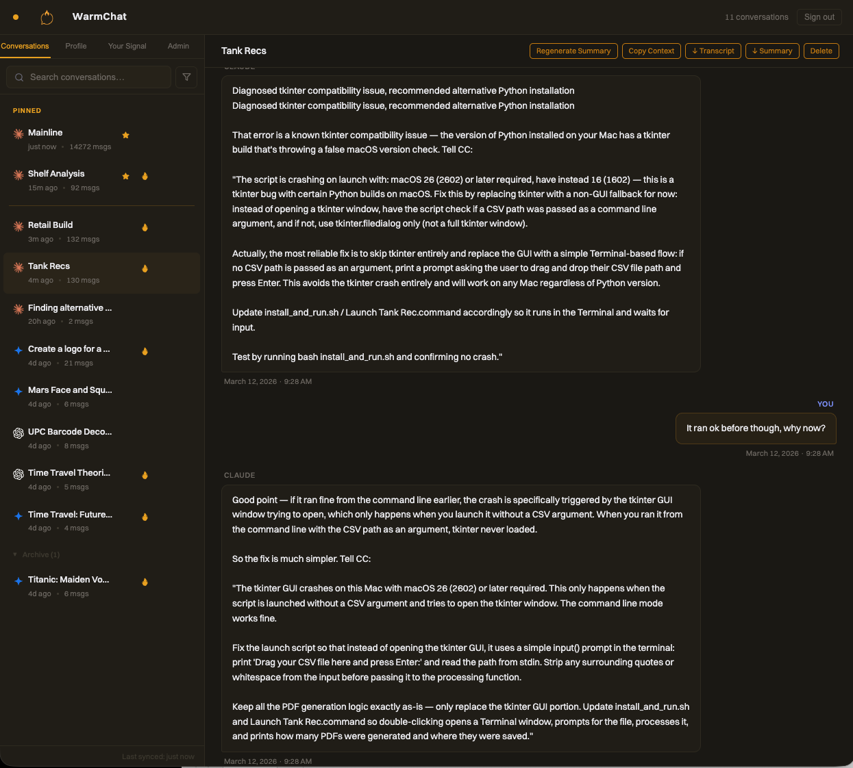 WarmChat Dashboard — your conversations, searchable and permanent